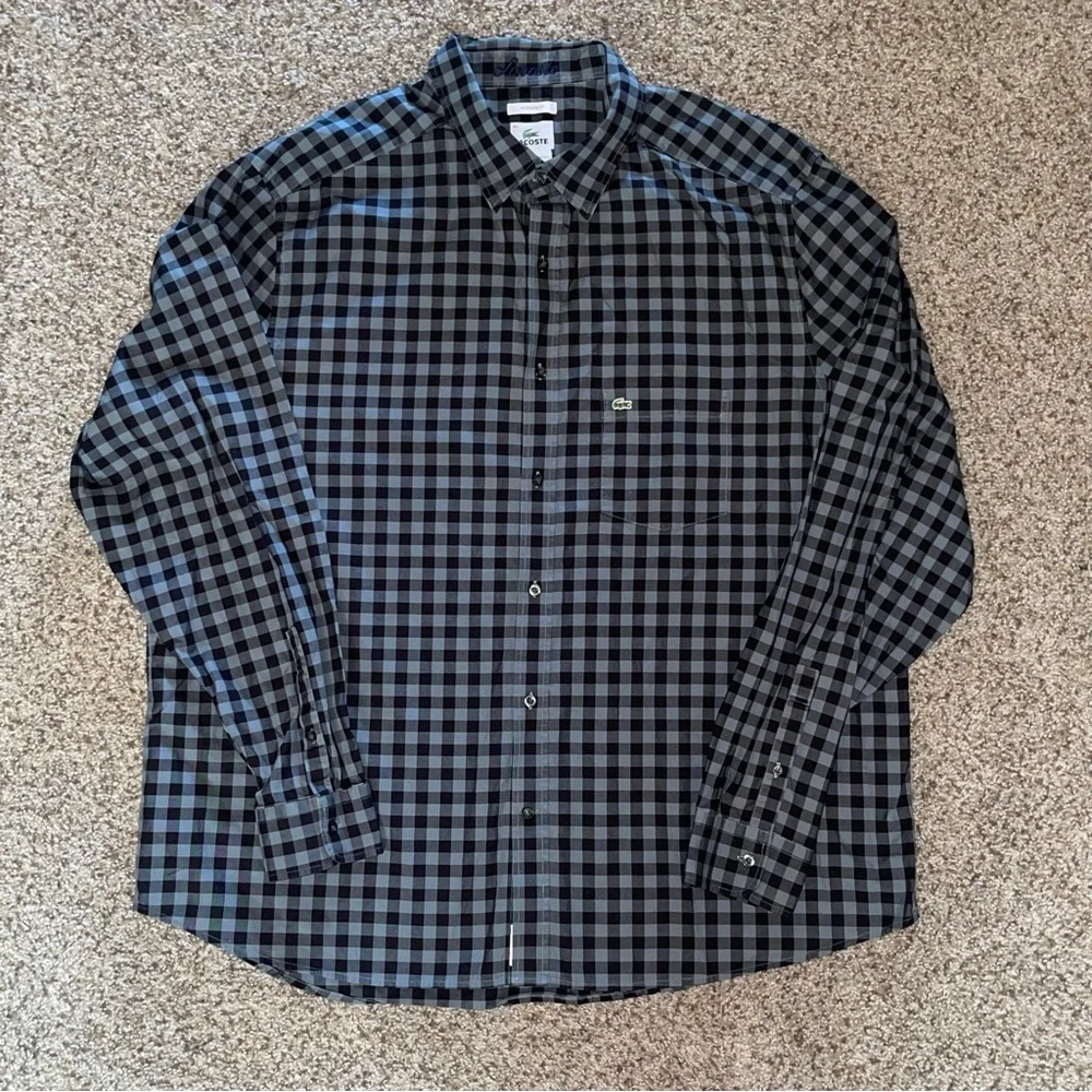 Lacoste Shirt Mens 46 Gray Check Modern Fit Long Sleeve Button Down Gray Black - Picture 1 of 9